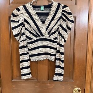 Striped V-Neck Blouse - Black and Cream